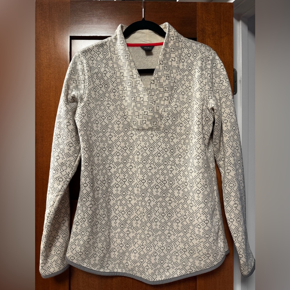 Eddie Bauer Ivory Grey Fleece Vneck Pullover Size Medium M